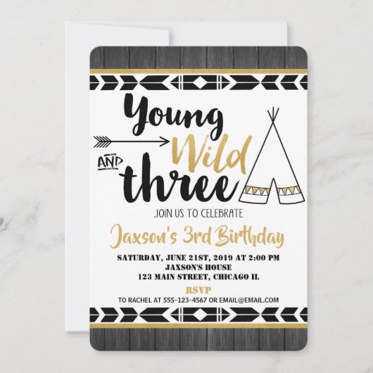 Jonge wilde drie 3e verjaardag uitnodiging jongen (Voorkant)