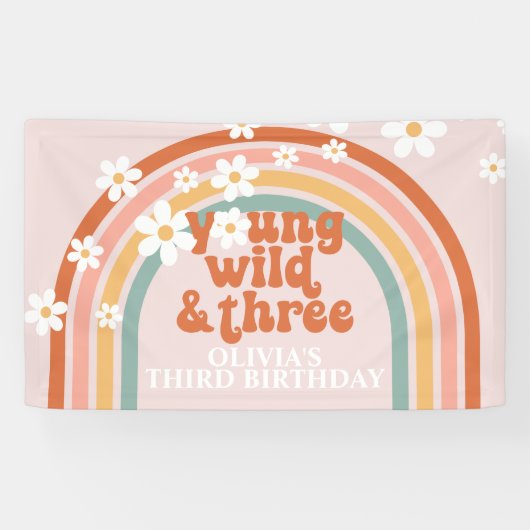 Jonge Wilde Drie Groovy Regenboog Madelief Verjaar Spandoek (Horizontaal)
