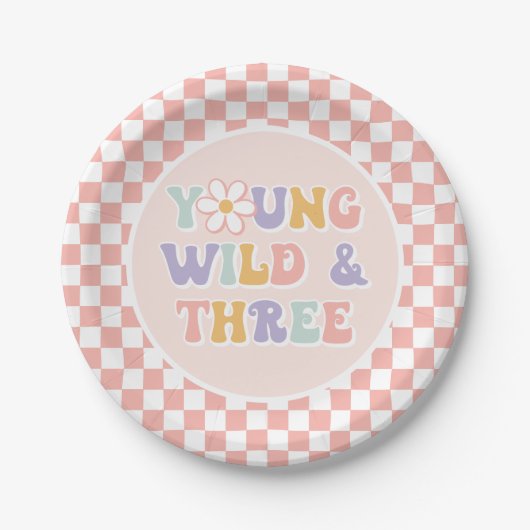 Jonge Wilde Drie Groovy Roze Madeliefjes Checker Papieren Bordje (Voorkant)