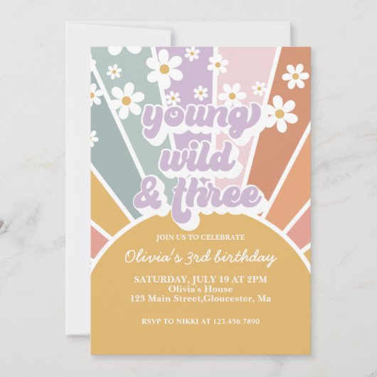 Jonge wilde drie Retro Sunshine Rainbow Daisy Kaart (Voorkant)