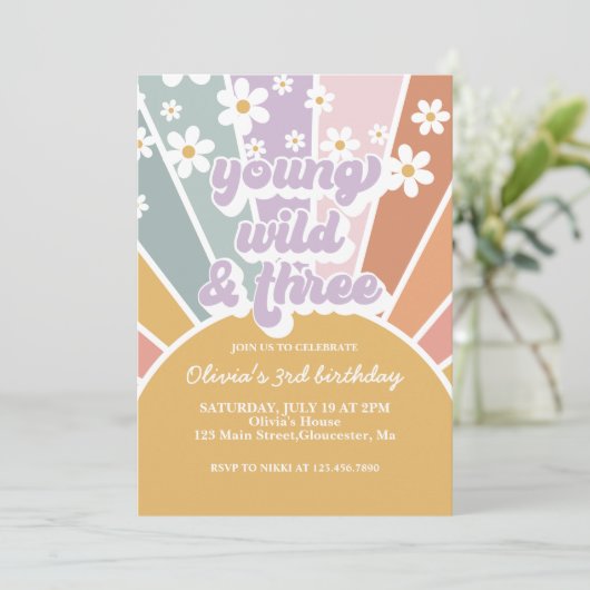 Jonge wilde drie Retro Sunshine Rainbow Daisy Kaart (Staand voorkant)