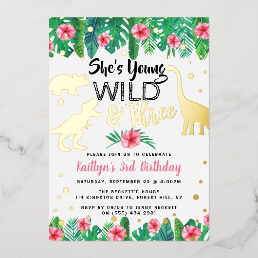 Jonge wilde en Drie Dinosaur-meisjes 3e verjaardag Folie Uitnodiging (Voorkant)