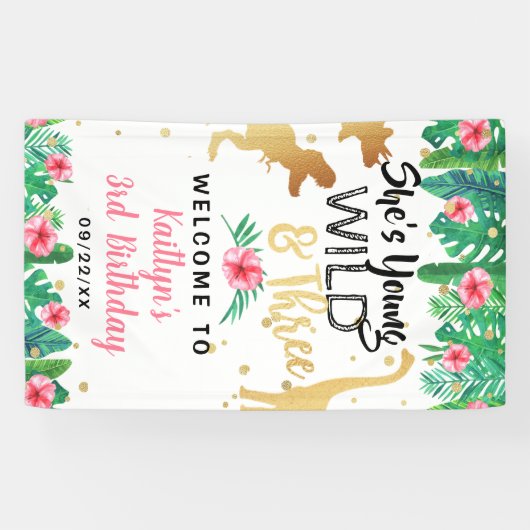 Jonge wilde en Drie Dinosaur-meisjes 3e verjaardag Spandoek (Horizontaal)