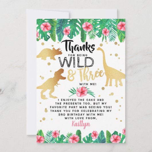 Jonge wilde en Drie Dinosaur-meisjes Derde verjaar Bedankkaart (Voorkant)