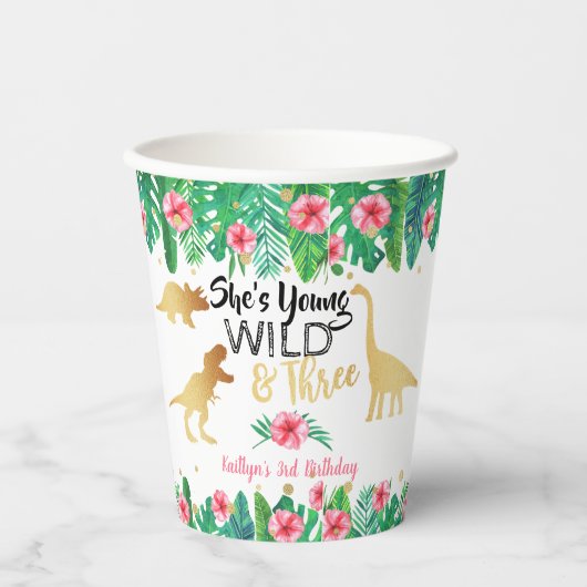 Jonge wilde en Drie Dinosaur-meisjes Derde verjaar Papieren Bekers (Voorkant)