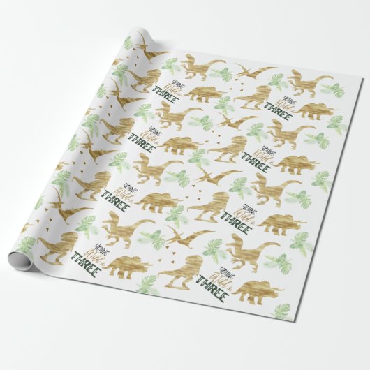 Jonge wilde en Drie Elegant gouden Dinosaur Cadeaupapier (Uitgerold)