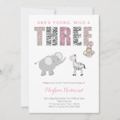 Jonge, Wilde en DRIE Girl Zoo 3rd Birthday Party Kaart (Voorkant)