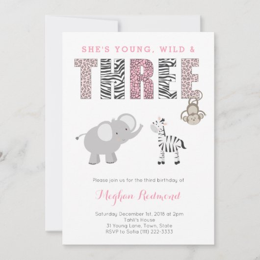 Jonge, Wilde en DRIE Girl Zoo 3rd Birthday Party Kaart (Voorkant)