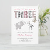 Jonge, Wilde en DRIE Girl Zoo 3rd Birthday Party Kaart (Staand voorkant)