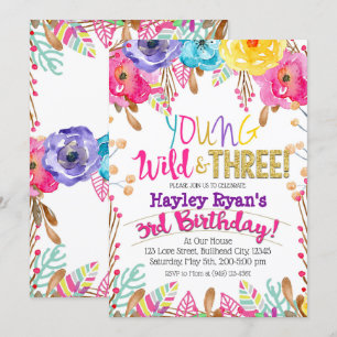 Jonge wilde en Drie meisjes Boho Floral 3e verjaar Kaart