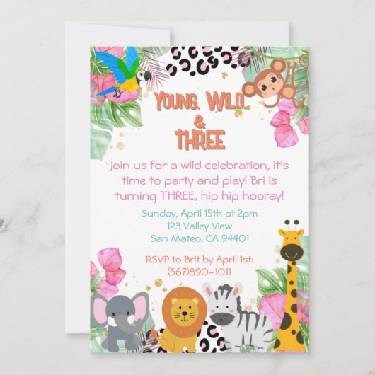 Jonge, wilde en drie meisjes verjaardag uitnodigin kaart (Voorkant)