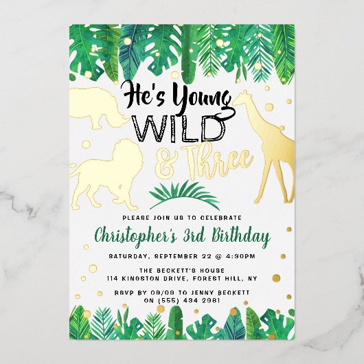 Jonge wilde en drie Oerwouden jongens 3e verjaarda Folie Uitnodiging (Voorkant)