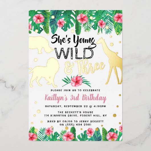 Jonge wilde en drie Oerwouden meisjes 3e verjaarda Folie Uitnodiging (Voorkant)