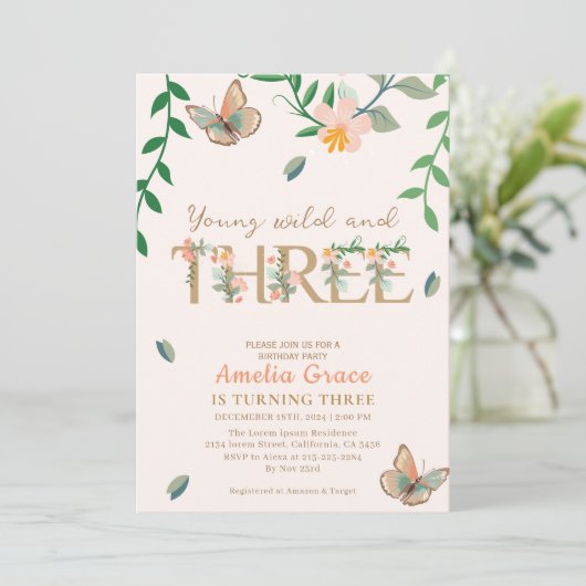 Jonge wilde en drie perzik bloemen 3e verjaardag kaart (Staand voorkant)