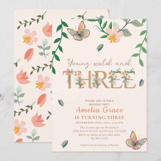 Jonge wilde en drie perzik bloemen 3e verjaardag kaart (Voorkant / Achterkant)