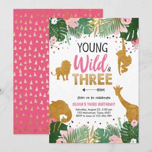 Jonge wilde en drie Safari Animals Girl Birthday Kaart (Voorkant / Achterkant)