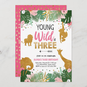 Jonge wilde en drie Safari Animals Girl Birthday Kaart