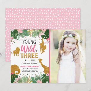 Jonge wilde en drie Safari Animals Girl Birthday Kaart