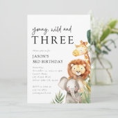 Jonge Wilde en Drie Safari Dieren 3e Verjaardag Kaart (Staand voorkant)