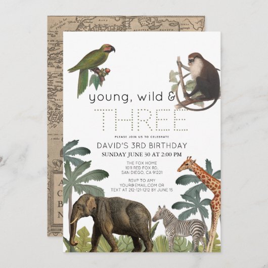 Jonge wilde en drie Safari-dieren 3e verjaardag Kaart (Voorkant / Achterkant)