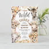 Jonge Wilde en Drie Safari Dieren 3e Verjaardag Kaart (Staand voorkant)