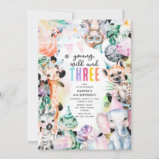 Jonge wilde en drie Safari-dieren 3e verjaardag Kaart (Voorkant)