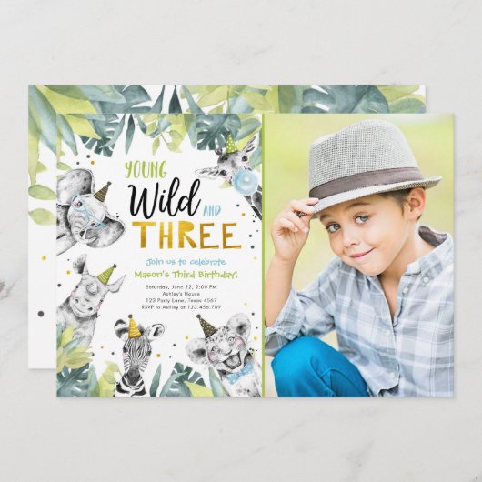 Jonge Wilde en Drie Safari Dieren Jongen Verjaarda Kaart (Voorkant / Achterkant)