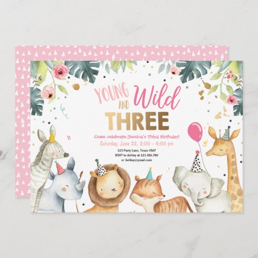 Jonge wilde en drie Safari Girl Anithday Kaart (Voorkant / Achterkant)