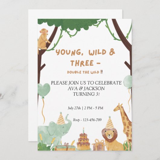 Jonge, wilde en drie verjaardagen uitnodiging (Voorkant / Achterkant)