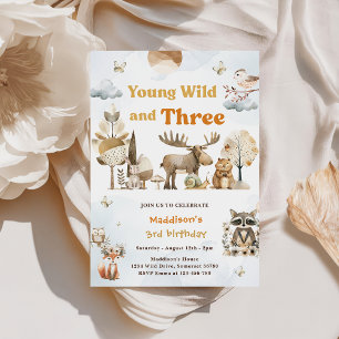 Jonge wilde en Drie Woodlanddieren 3e verjaardag Kaart