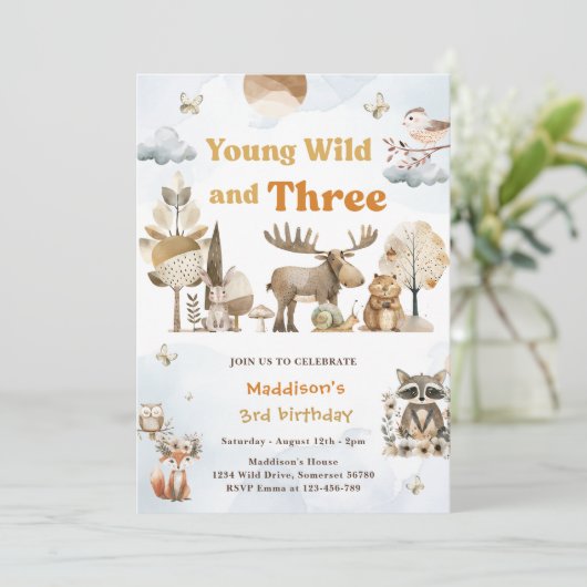 Jonge wilde en Drie Woodlanddieren 3e verjaardag Kaart (Staand voorkant)