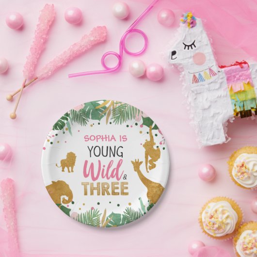 Jonge wilde en driejarige roze Safari-dieren Papieren Bordje (Feest)