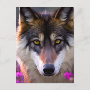 Jonge wolf in fuchsia roze bloemen briefkaart