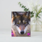 Jonge wolf in fuchsia roze bloemen briefkaart (Staand voorkant)