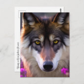 Jonge wolf in fuchsia roze bloemen briefkaart (Voorkant / Achterkant)