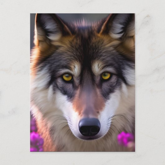 Jonge wolf in fuchsia roze bloemen briefkaart (Voorkant)