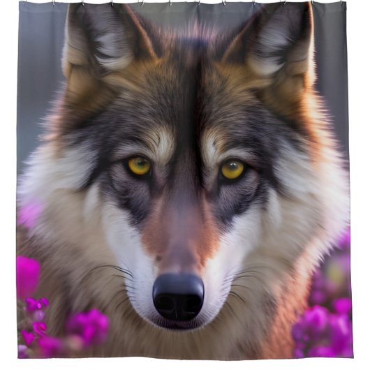 Jonge wolf in fuchsia roze bloemen douchegordijn (Voorkant)