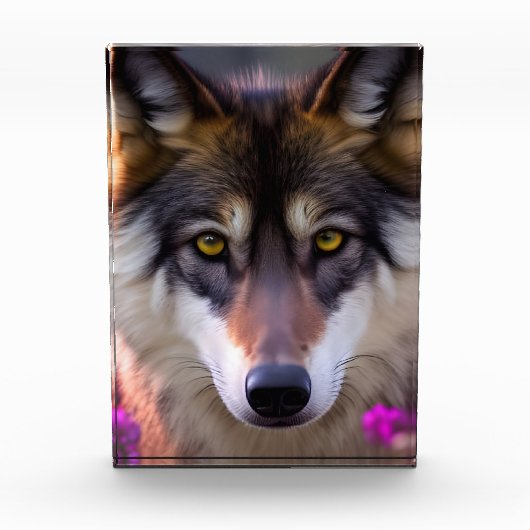 Jonge wolf in fuchsia roze bloemen fotoblokken (Voorkant)