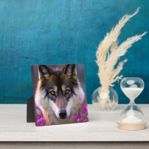 Jonge wolf in fuchsia roze bloemen fotoplaat