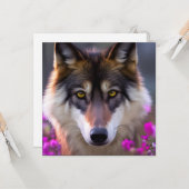 Jonge wolf in fuchsia roze bloemen kaart (Voorkant / Achterkant in situ)