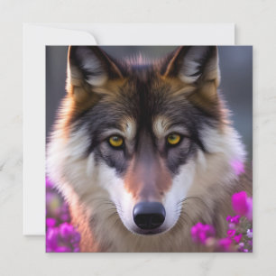 Jonge wolf in fuchsia roze bloemen kaart