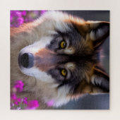 Jonge wolf in fuchsia roze bloemen legpuzzel (Horizontaal)