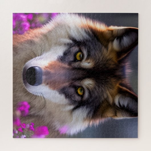 Jonge wolf in fuchsia roze bloemen legpuzzel (Horizontaal)