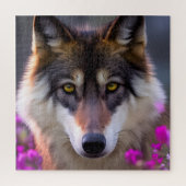 Jonge wolf in fuchsia roze bloemen legpuzzel (Verticaal)