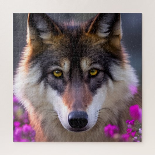 Jonge wolf in fuchsia roze bloemen legpuzzel (Verticaal)