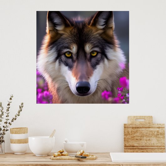 Jonge wolf in fuchsia roze bloemen poster (Keuken)