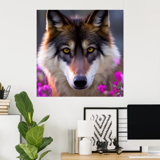 Jonge wolf in fuchsia roze bloemen poster (Thuiskantoor)