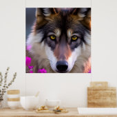 Jonge wolf in fuchsia roze bloemen poster (Keuken)
