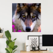 Jonge wolf in fuchsia roze bloemen poster (Thuiskantoor)