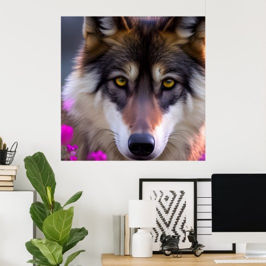 Jonge wolf in fuchsia roze bloemen poster (Thuiskantoor)